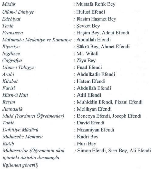 İzmir Mektebi Sultanisi Eğitim kadrosu 1911